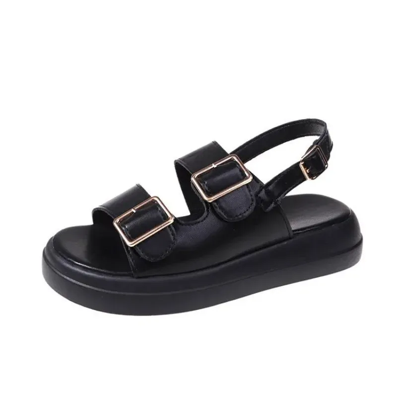 Hnzxzm Women Beach Sandals Solid Pu Leather Metal Detailed Ankle Buckle Strap Summer Ladies Low Heel Shoes Woman Slippers Female