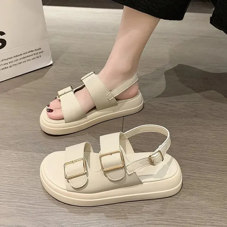 Hnzxzm Women Beach Sandals Solid Pu Leather Metal Detailed Ankle Buckle Strap Summer Ladies Low Heel Shoes Woman Slippers Female