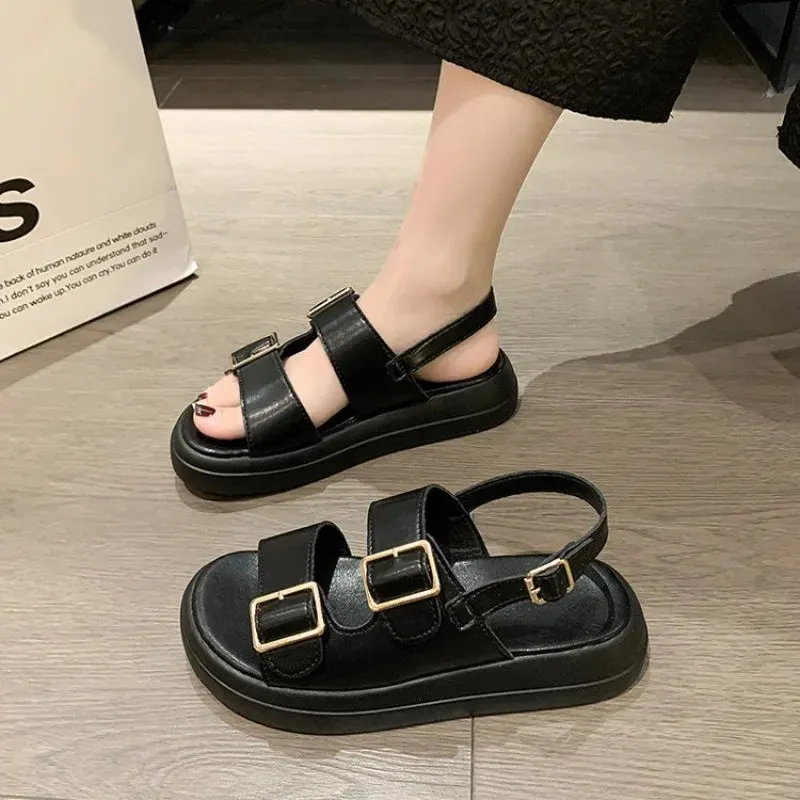 Hnzxzm Women Beach Sandals Solid Pu Leather Metal Detailed Ankle Buckle Strap Summer Ladies Low Heel Shoes Woman Slippers Female