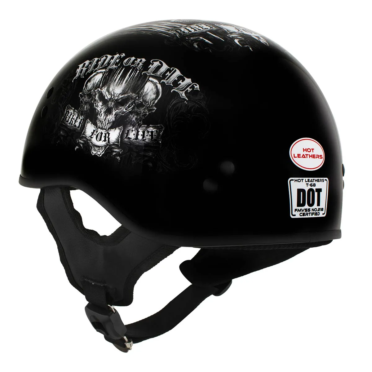 Hot Leathers HLD1016 'Ride or Die' Gloss Black Motorcycle DOT Skull Cap Helmet