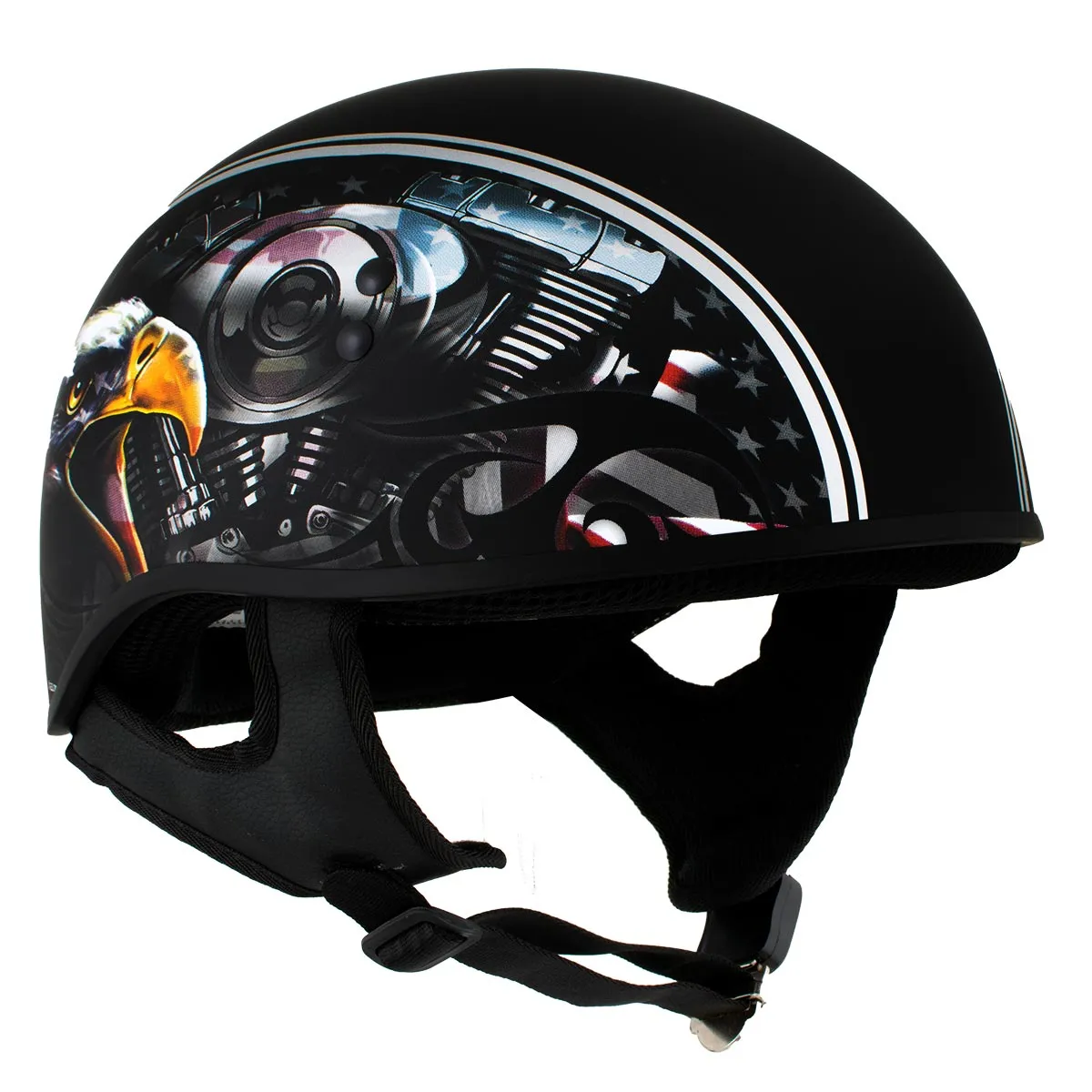 Hot Leathers HLD1023 'V-Twin Eagle' Flat Black Motorcycle DOT Skull Cap Half Helmet for Men and Women Biker