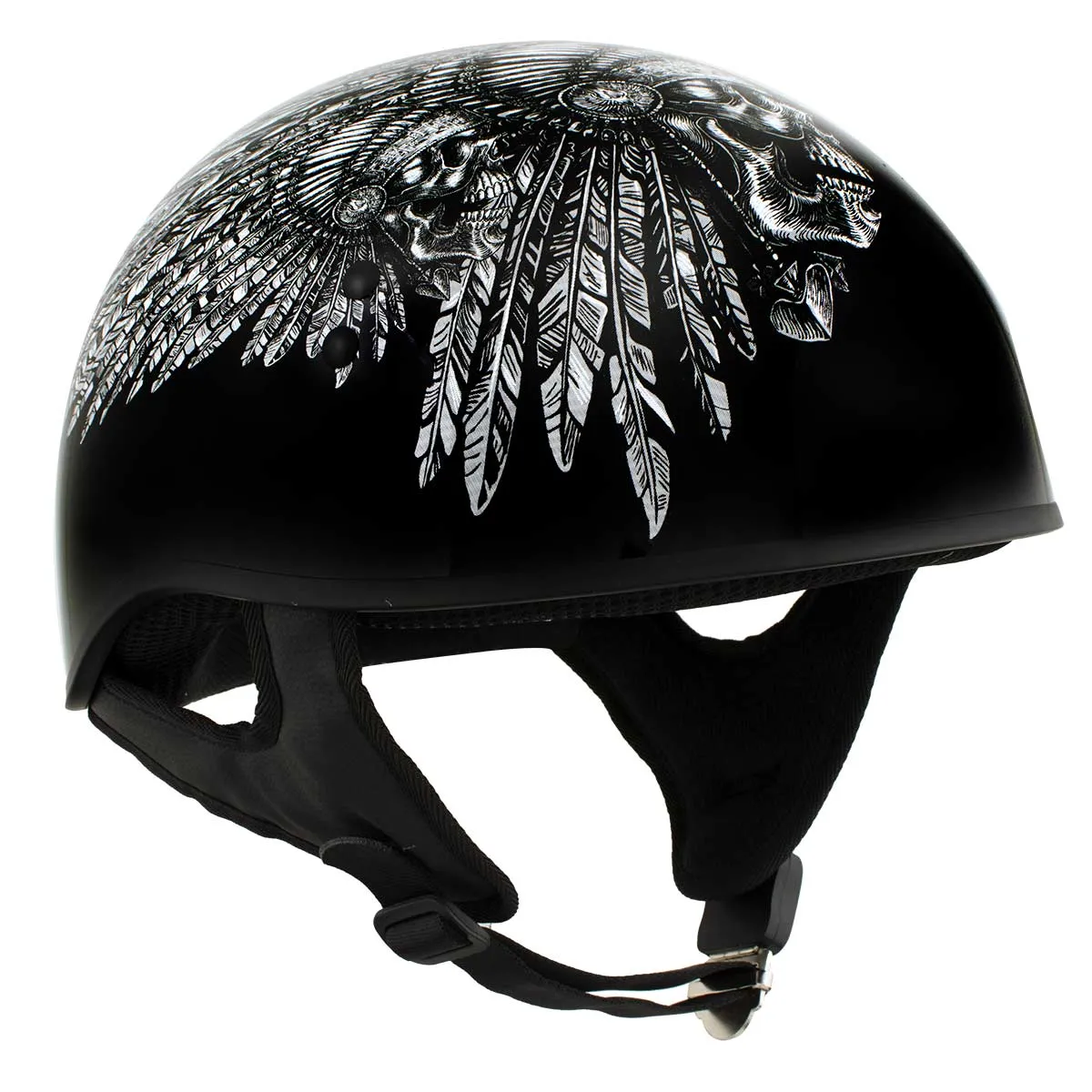 Hot Leathers HLD1032 Black 'Indian Skull' Motorcycle DOT Approved Skull Cap Half Helmet for Men and Women Biker