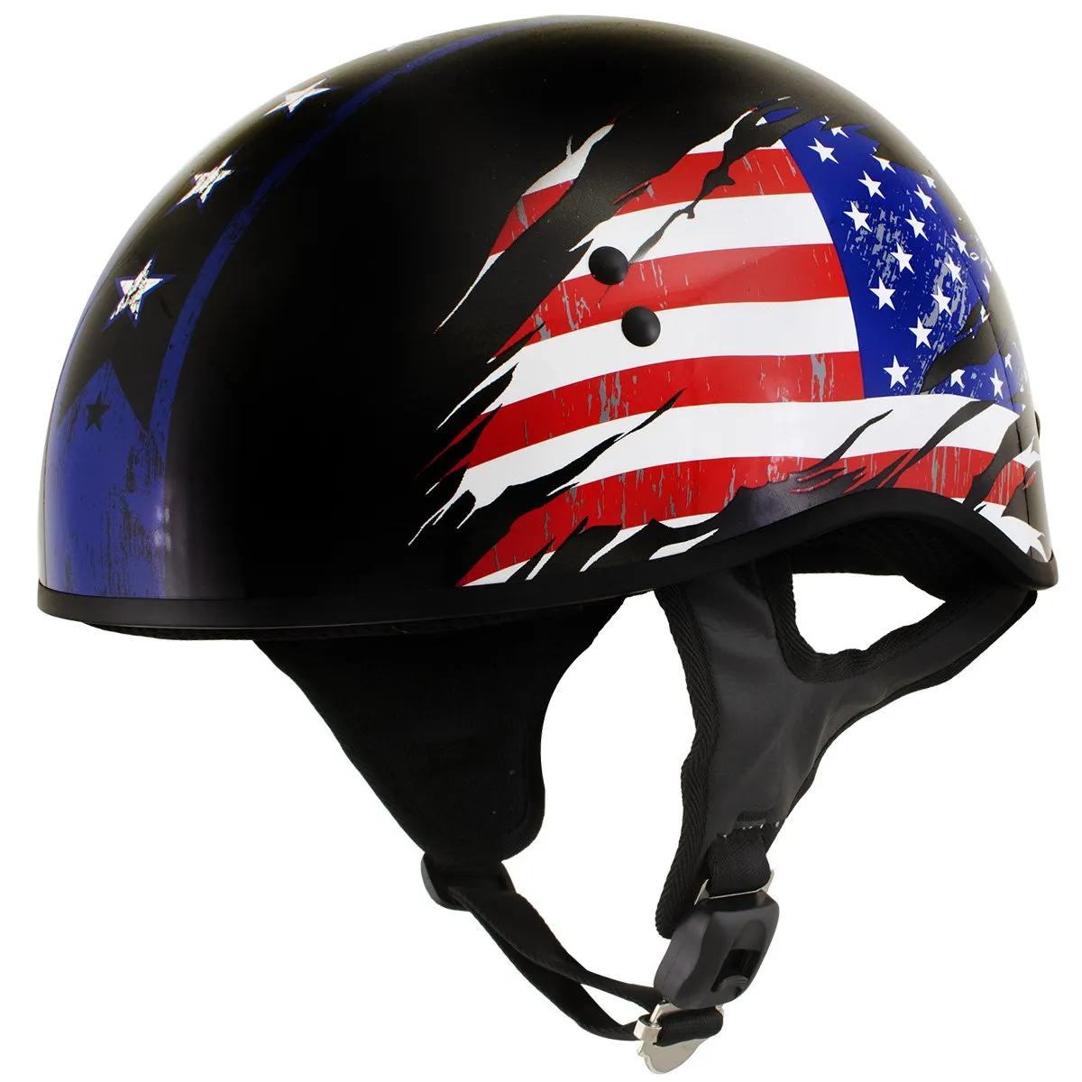 Hot Leathers T68 'American Flag' Advanced DOT Black Glossy Motorcycle Skull Cap Half Helmet