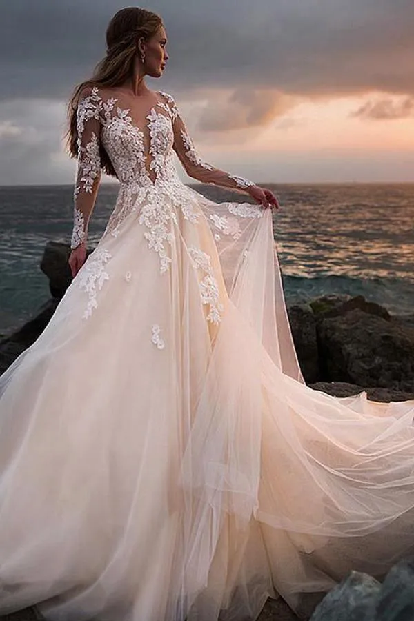 Ivory Tulle Beach Wedding Dress with Illusion Lace Long Sleeves WD532