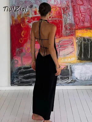 Joskaa Black Halter Backless Midi Dress 2024 Summer Tie Up Beach Holiday Sexy Dress Club Party