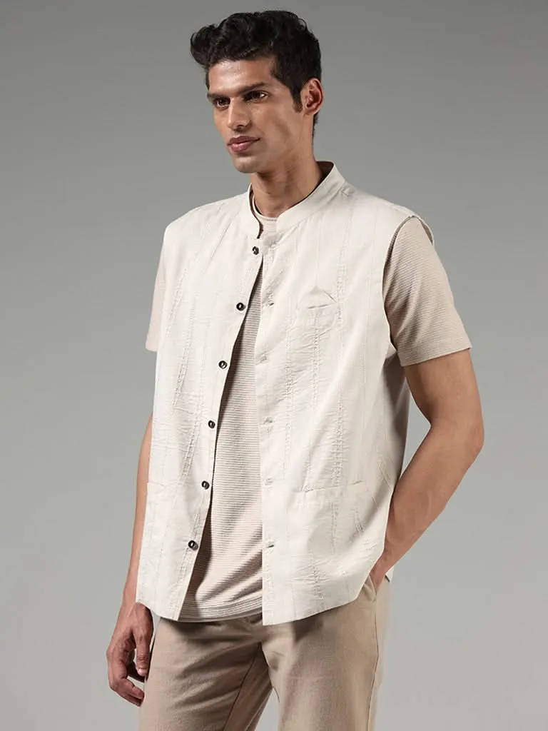 Kala by ETA Taupe Line Embroidered Slim-Fit Nehru Jacket