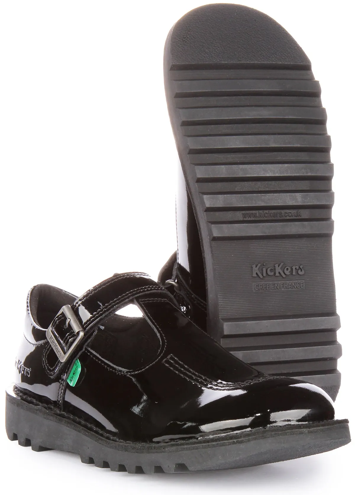 Kickers Kick T Bar Velcro In Black Patent For Youth