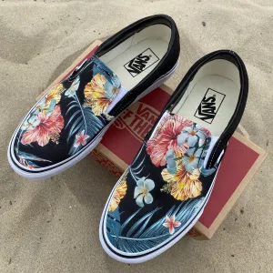 Kids Shoes - Tropical Hawaiian Black Slip Ons