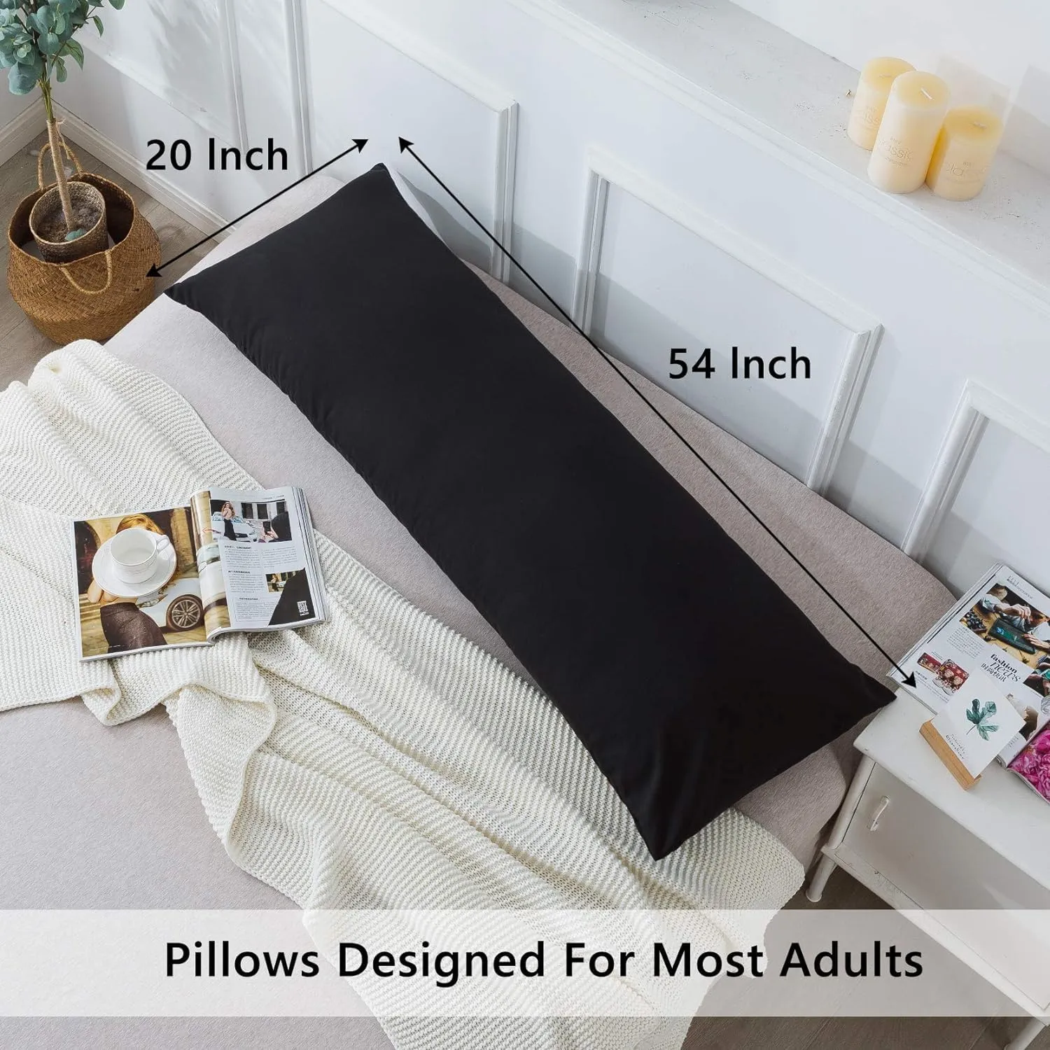 Large Body Pillow Insert- Breathable Full Body Pillow for Side Sleeper - Soft Long Bed Pillow for Adults - 20 x 54 inch (Black)