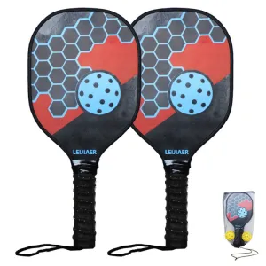 LEIJIAER 1pair Imitation Carbon Wood Pickleball Paddle Set With 2 Balls(Red)