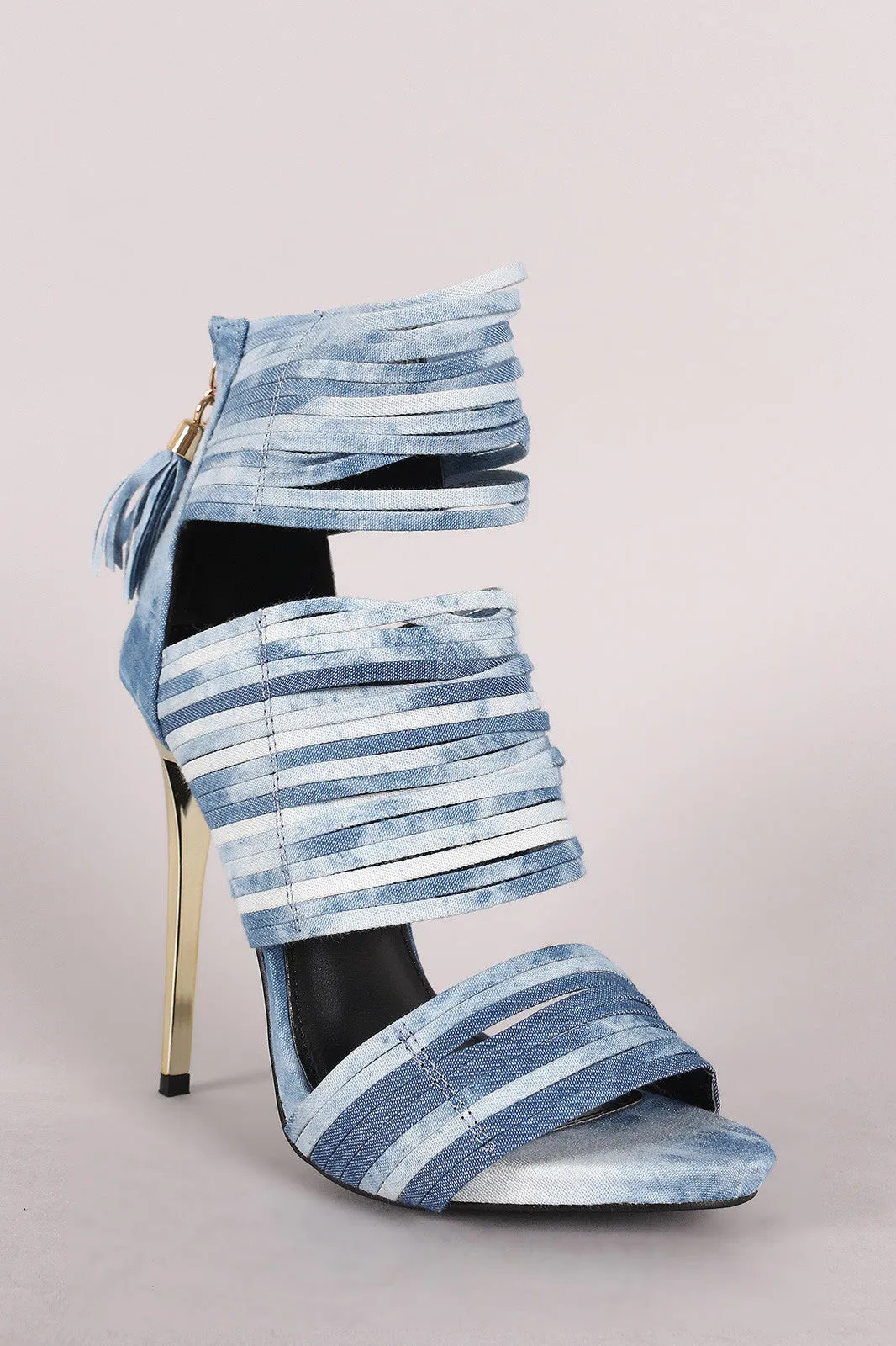 Liliana Washed Denim Strappy Tassel Stiletto Heel