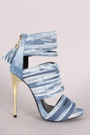 Liliana Washed Denim Strappy Tassel Stiletto Heel