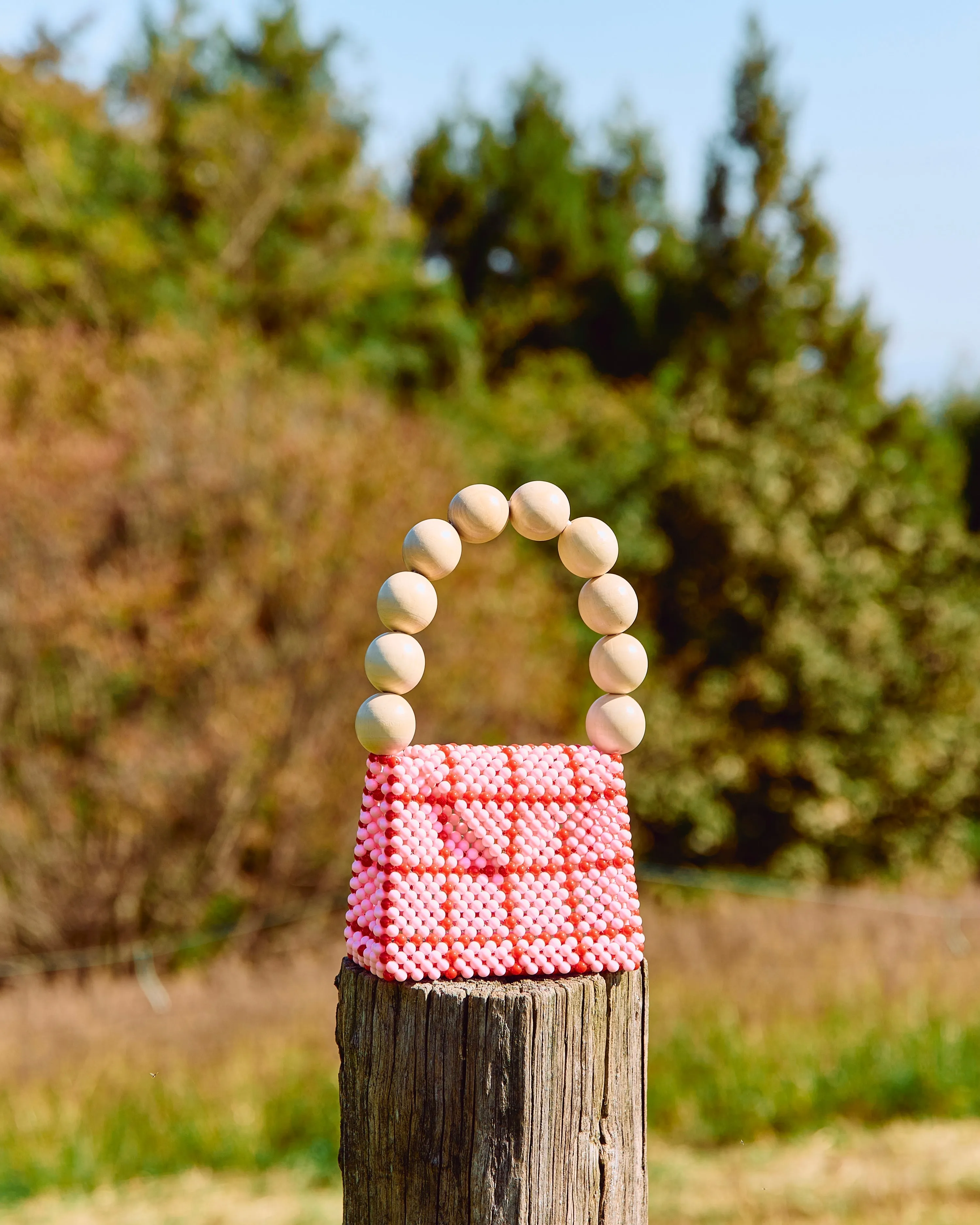 <b>TOOS</b><br>wood ball handbag (pink checked)