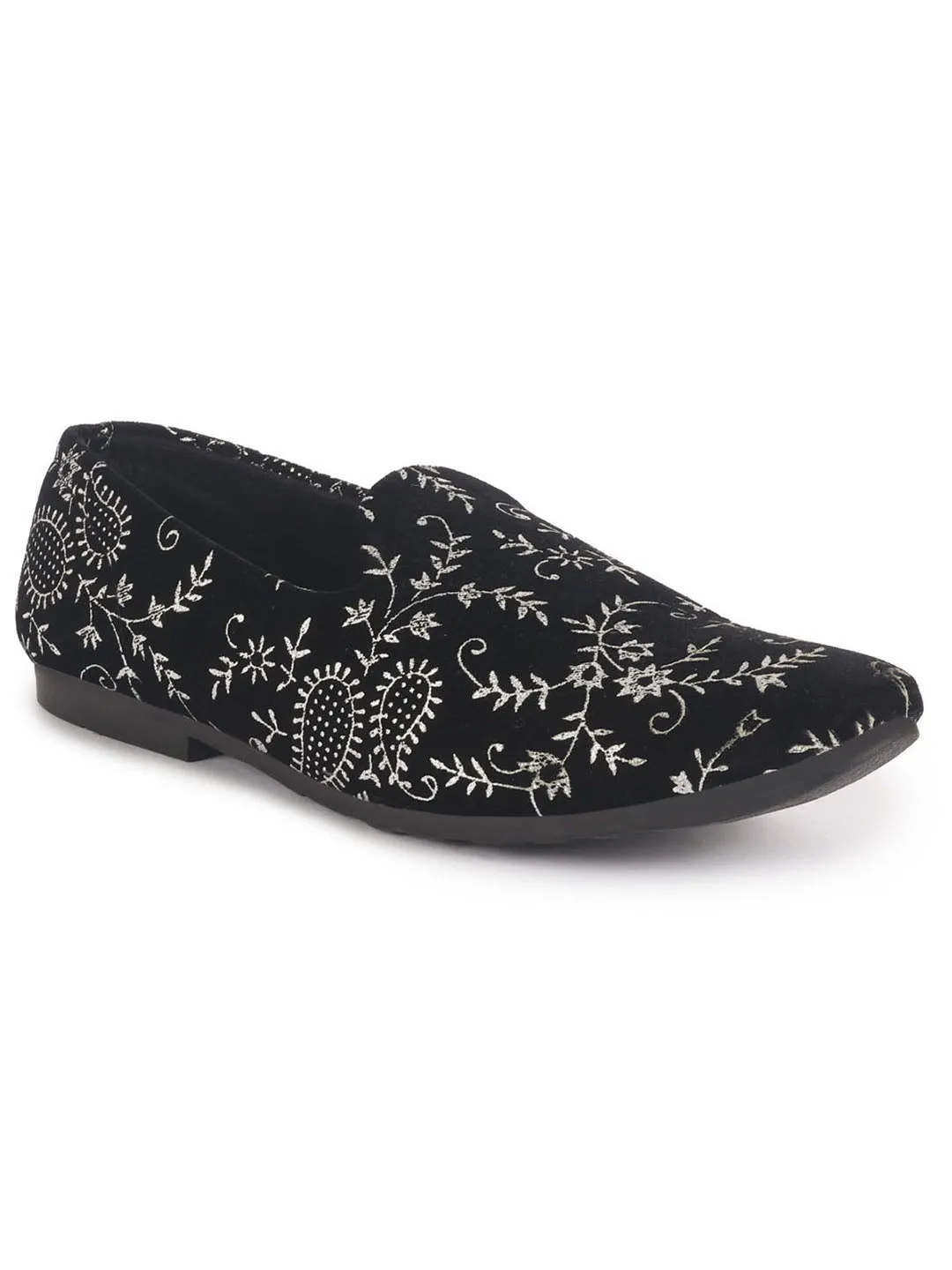 Men Black Floral Embroidered Velvet Ethnic Sip On Loafers for Wedding|Slip On Shoes|Festive Kurta Slip On Shoes