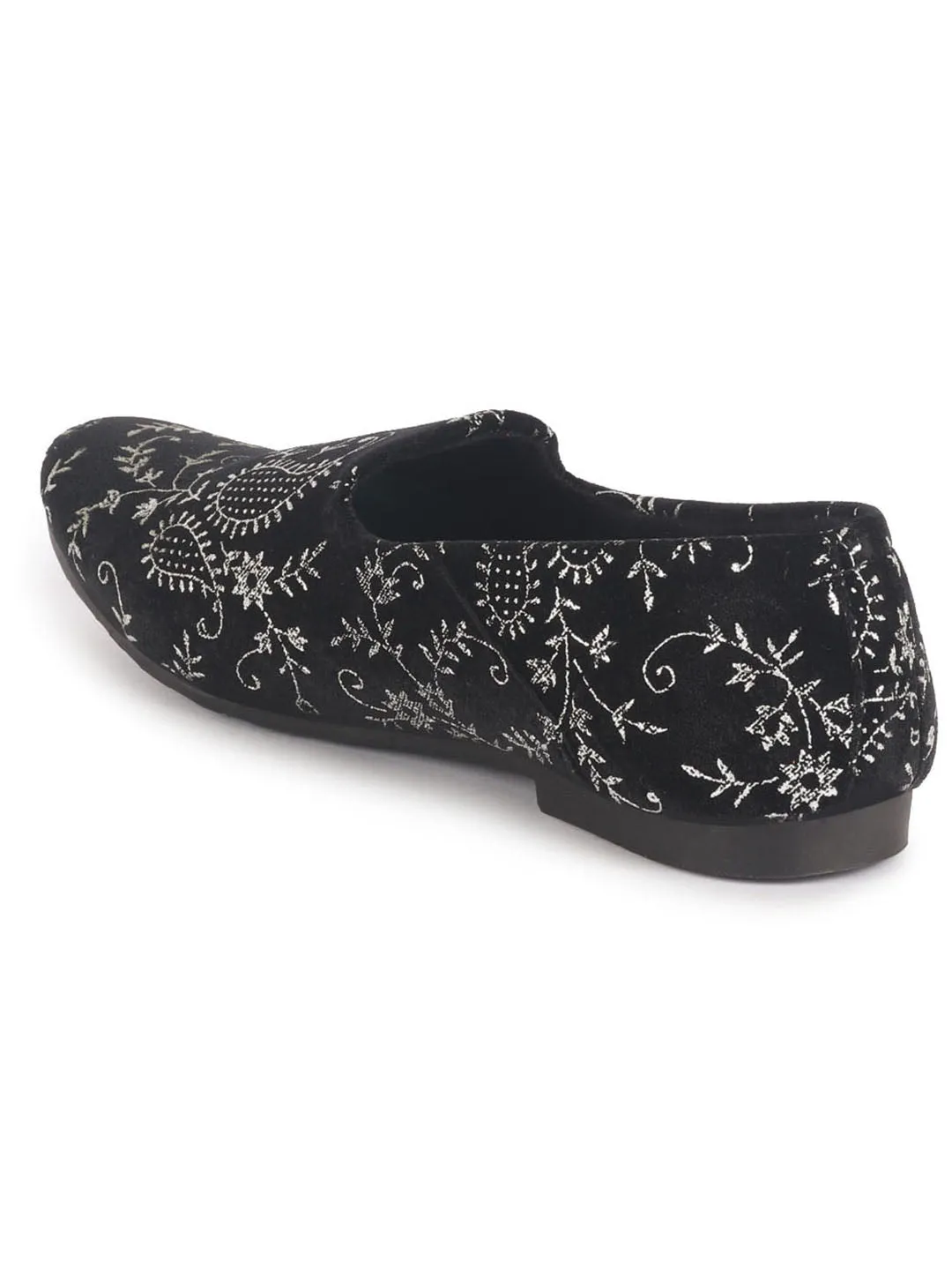 Men Black Floral Embroidered Velvet Ethnic Sip On Loafers for Wedding|Slip On Shoes|Festive Kurta Slip On Shoes