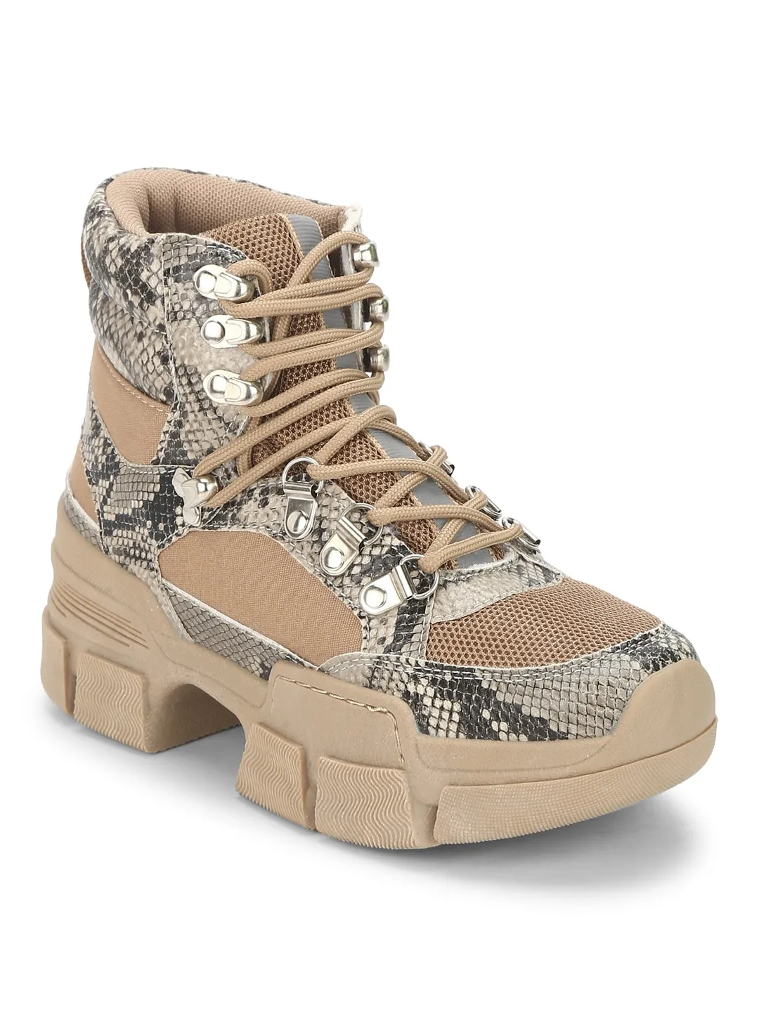 Natural Snake Heeled Lace-Up Sneakers