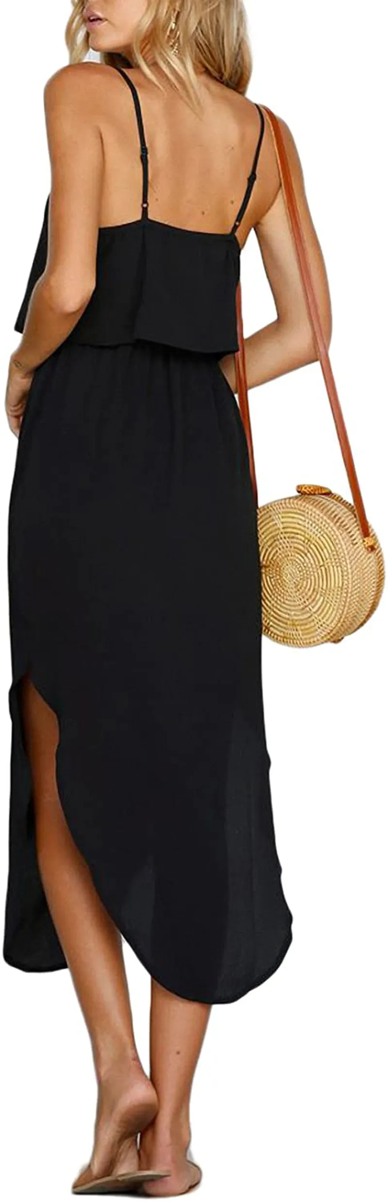 NERLEROLIAN Women's Adjustable Strappy Split Summer Beach Casual Midi Dress