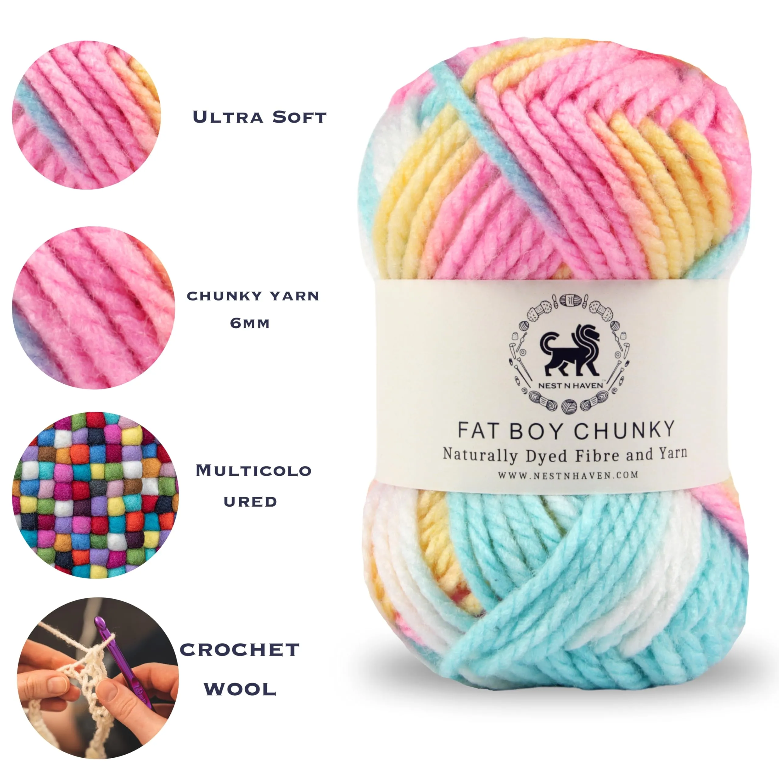 NESTNHAVEN, Fat boy Chunky Motu Thick Hand Knitting/Crochet Wool Yarn, 6 mm Thickness, Pack of 1 (1 Ball / 100 Grams), Multicoloured (BBCH001)