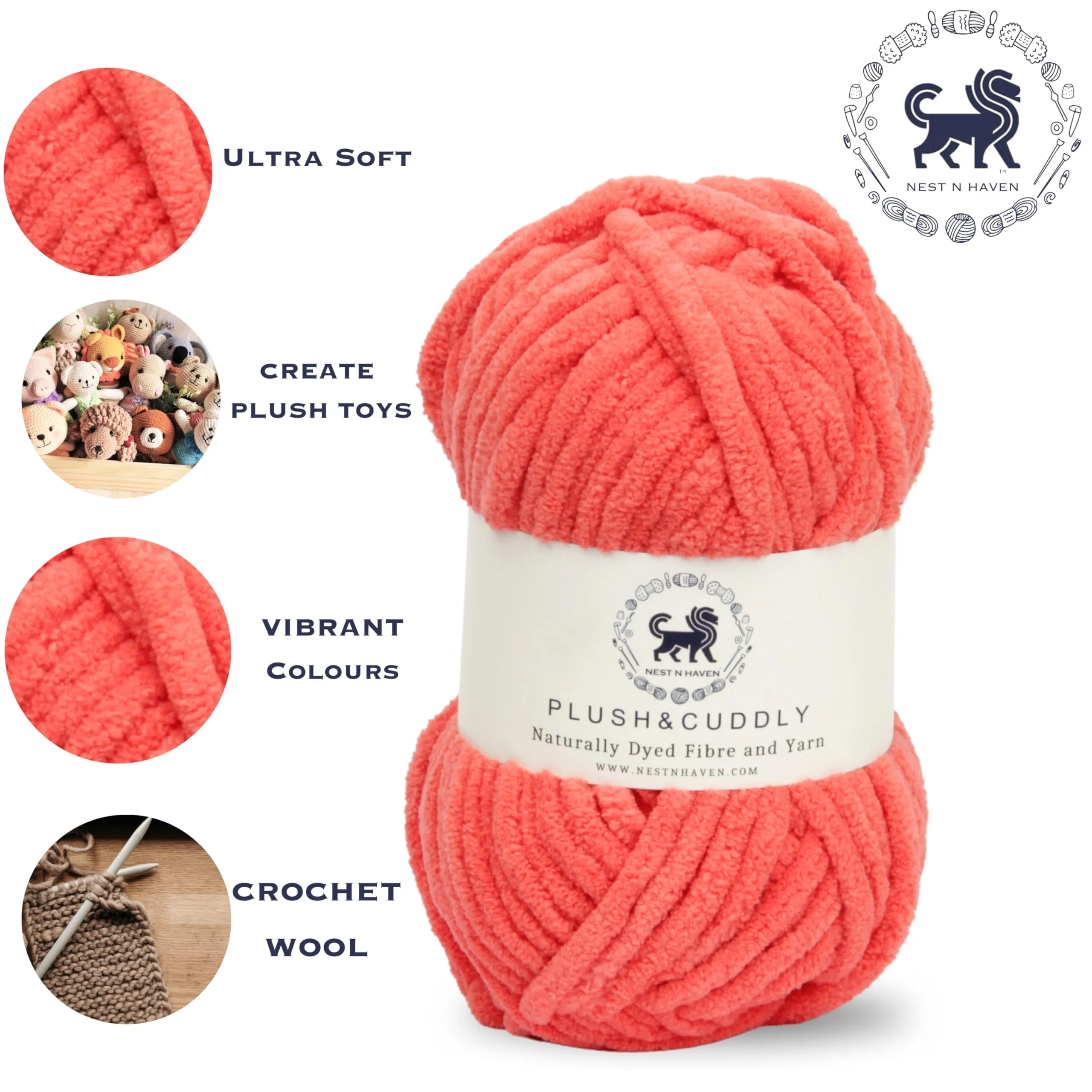 NESTNHAVEN, Wool, Plush & Cuddly, Chenille Yarn Supersoft Hand Knitting Wool Ball, (1 Ball/100 Gram Each) Ball Suitable for Craft, Babywear, Baby Blankets, 5 Bulky, Shade no - NNHB061 (Coral)