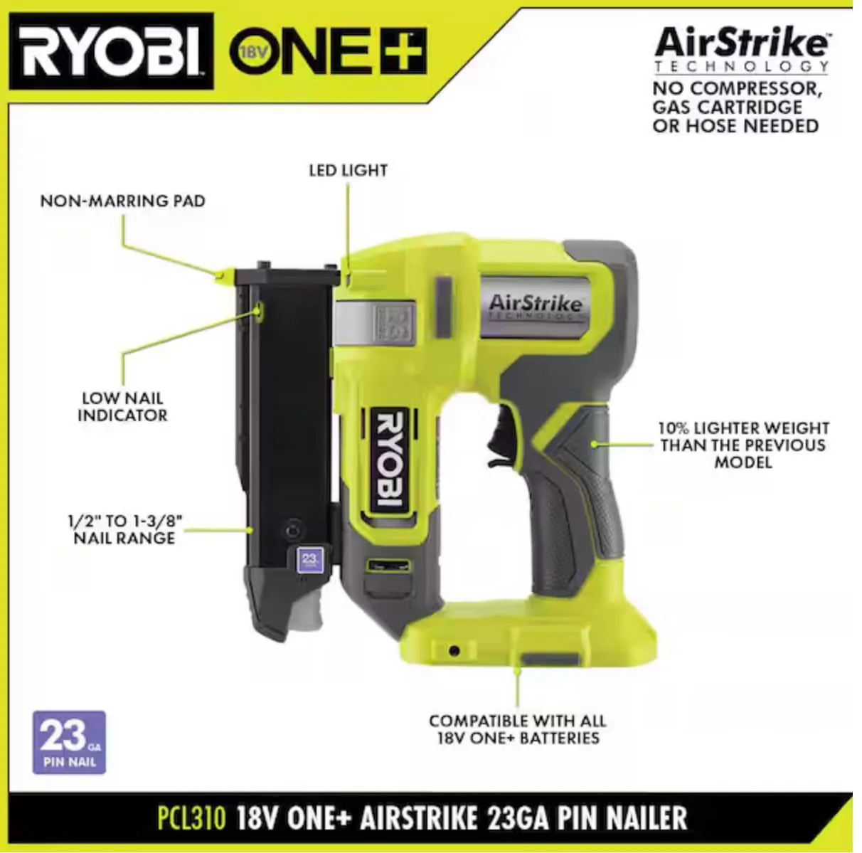 Open Box -  ONE  18V Cordless Airstrike 23-Gauge Pin Nailer (Tool Only)