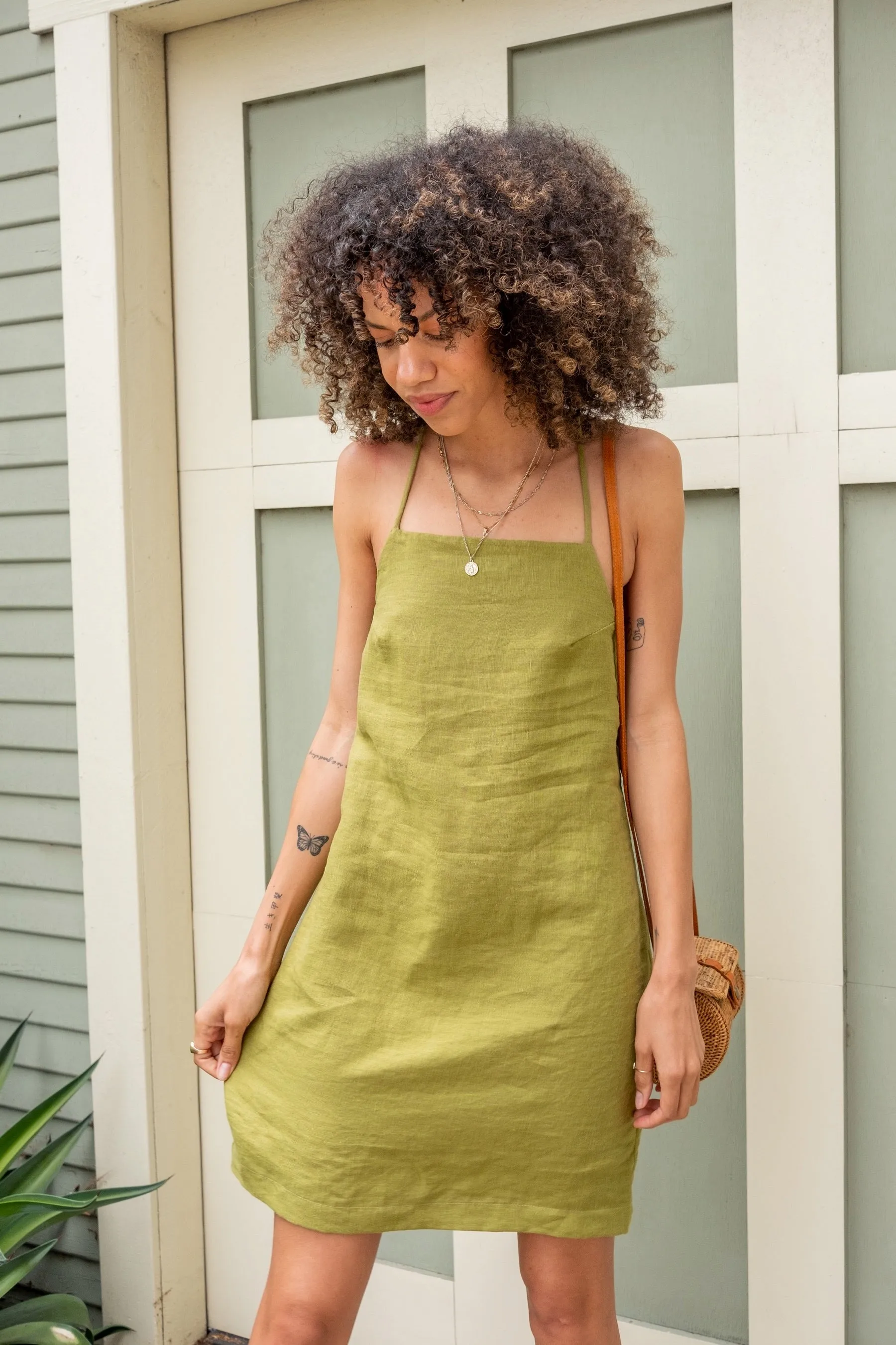 Pistachio Linen Apron Mini Dress