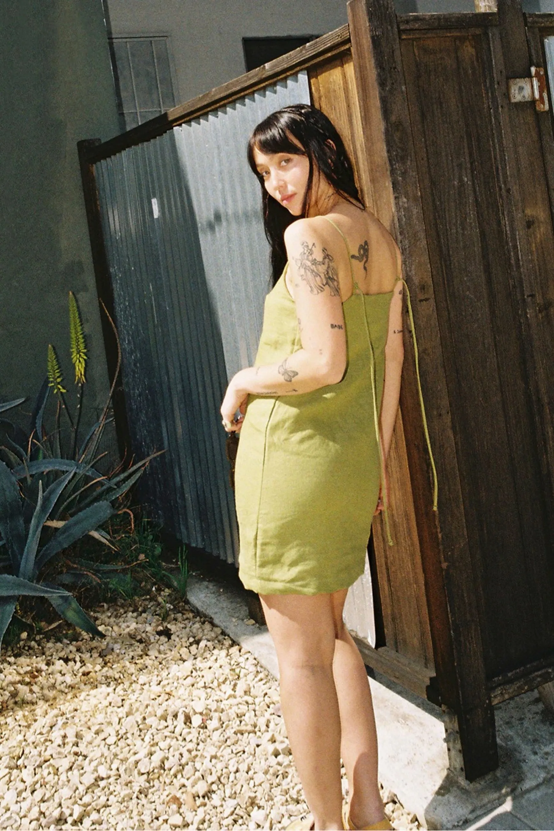 Pistachio Linen Apron Mini Dress