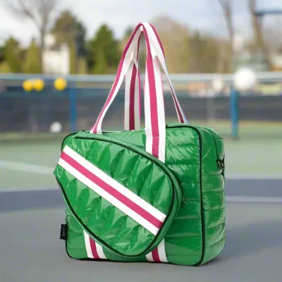 Puffer Pickle Ball Tote - Green with Pink Stripe