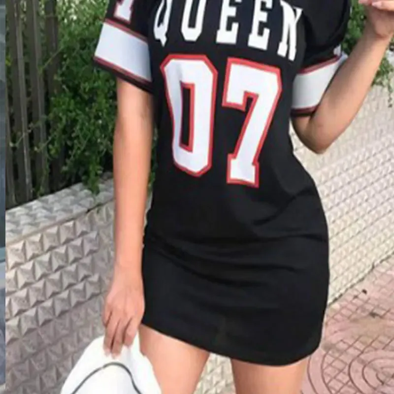 "Queen 07" Sports Style T-Shirt Dress – Casual Streetwear Mini Dress Loungewear Fashion