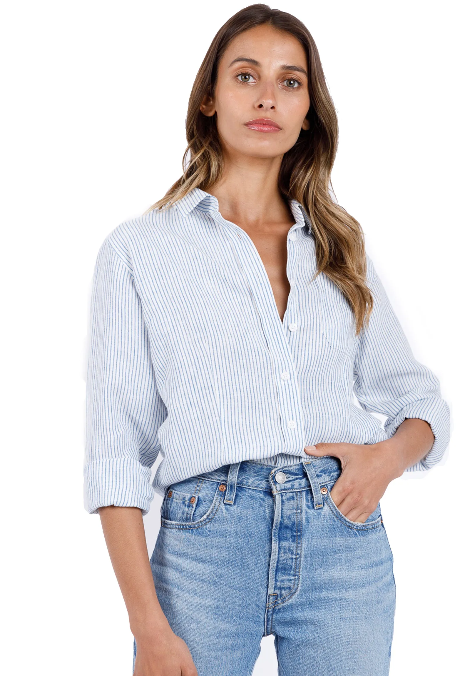 Rina Light Blue Stripes Slim-Fit Linen Shirt