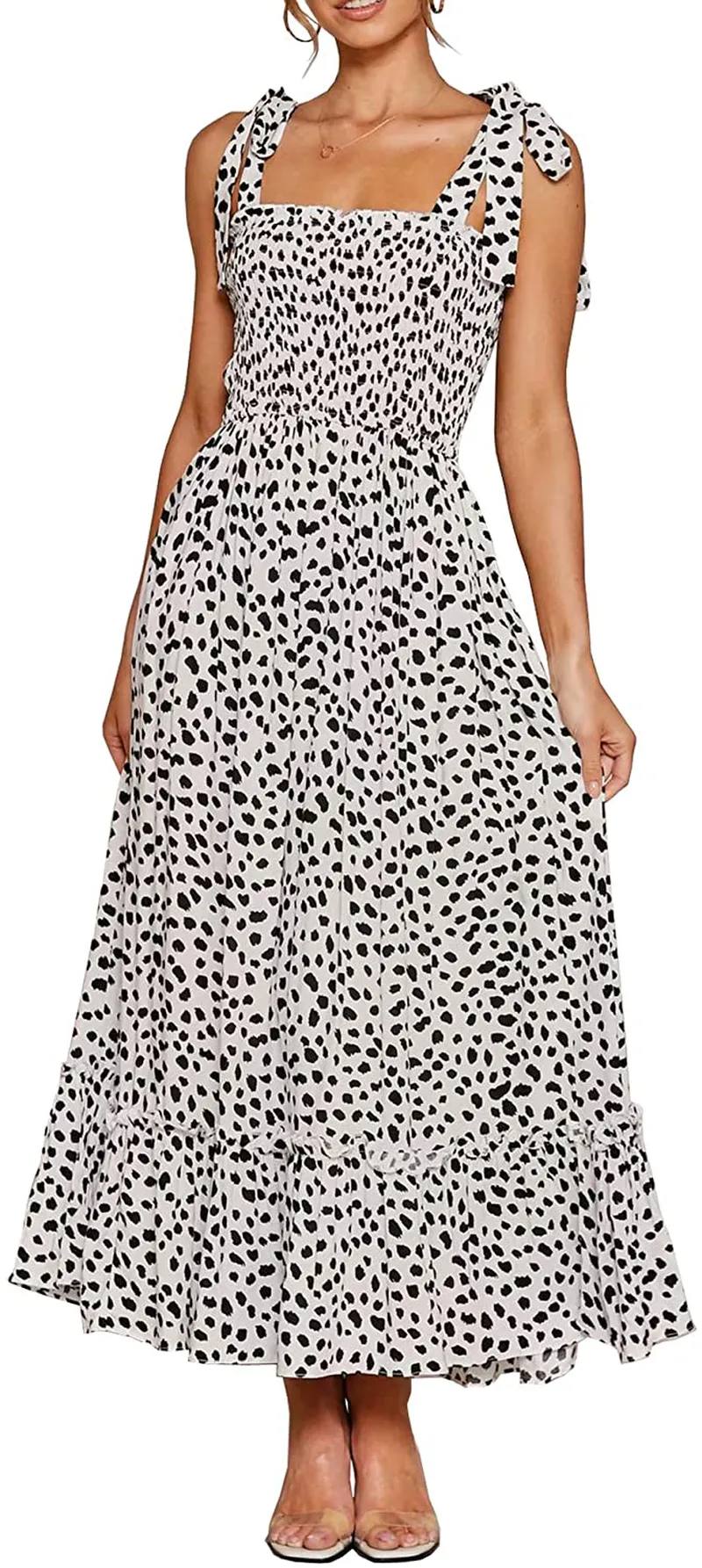 R.Vivimos Women's Summer Straps Cotton Irregular Polka Dot Ruffles Midi Dress