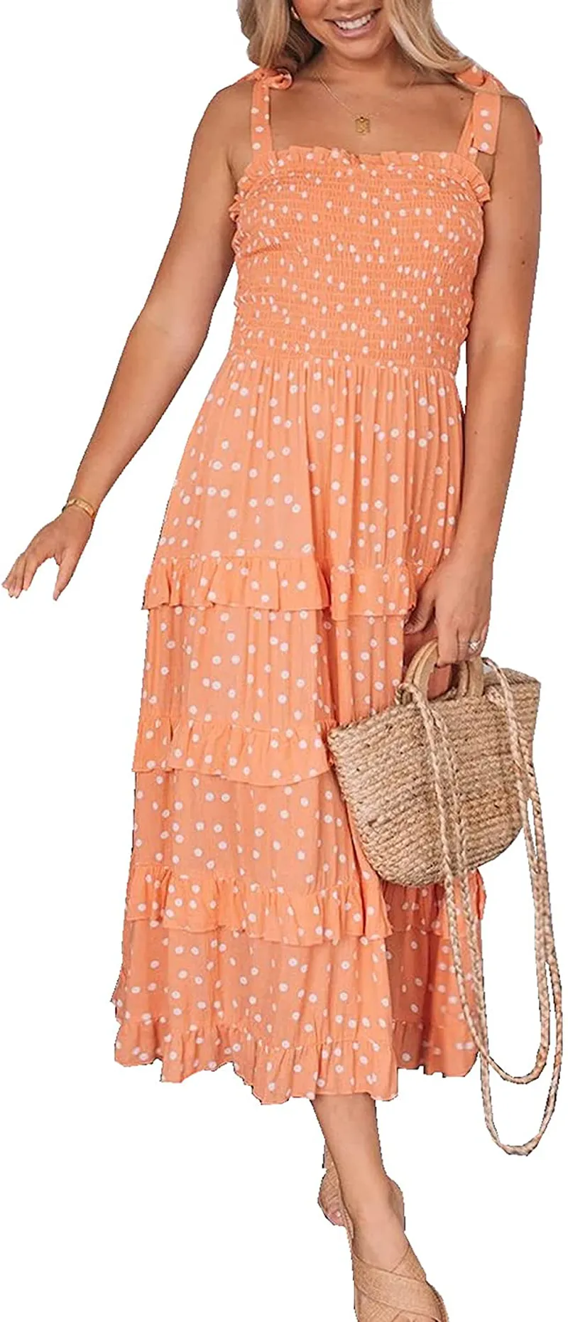 R.Vivimos Women's Summer Straps Cotton Irregular Polka Dot Ruffles Midi Dress