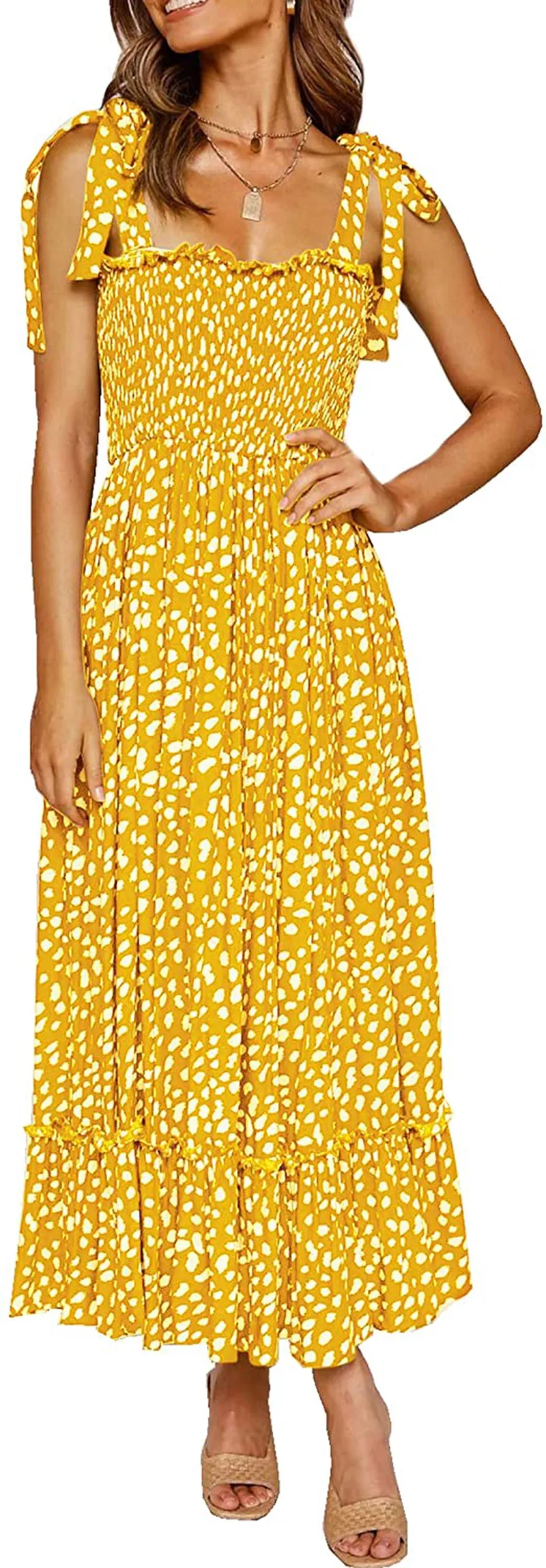 R.Vivimos Women's Summer Straps Cotton Irregular Polka Dot Ruffles Midi Dress