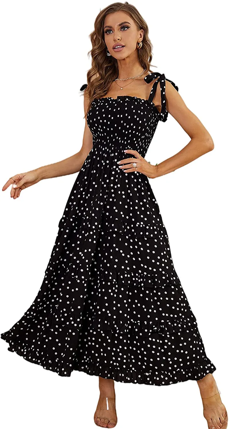 R.Vivimos Women's Summer Straps Cotton Irregular Polka Dot Ruffles Midi Dress