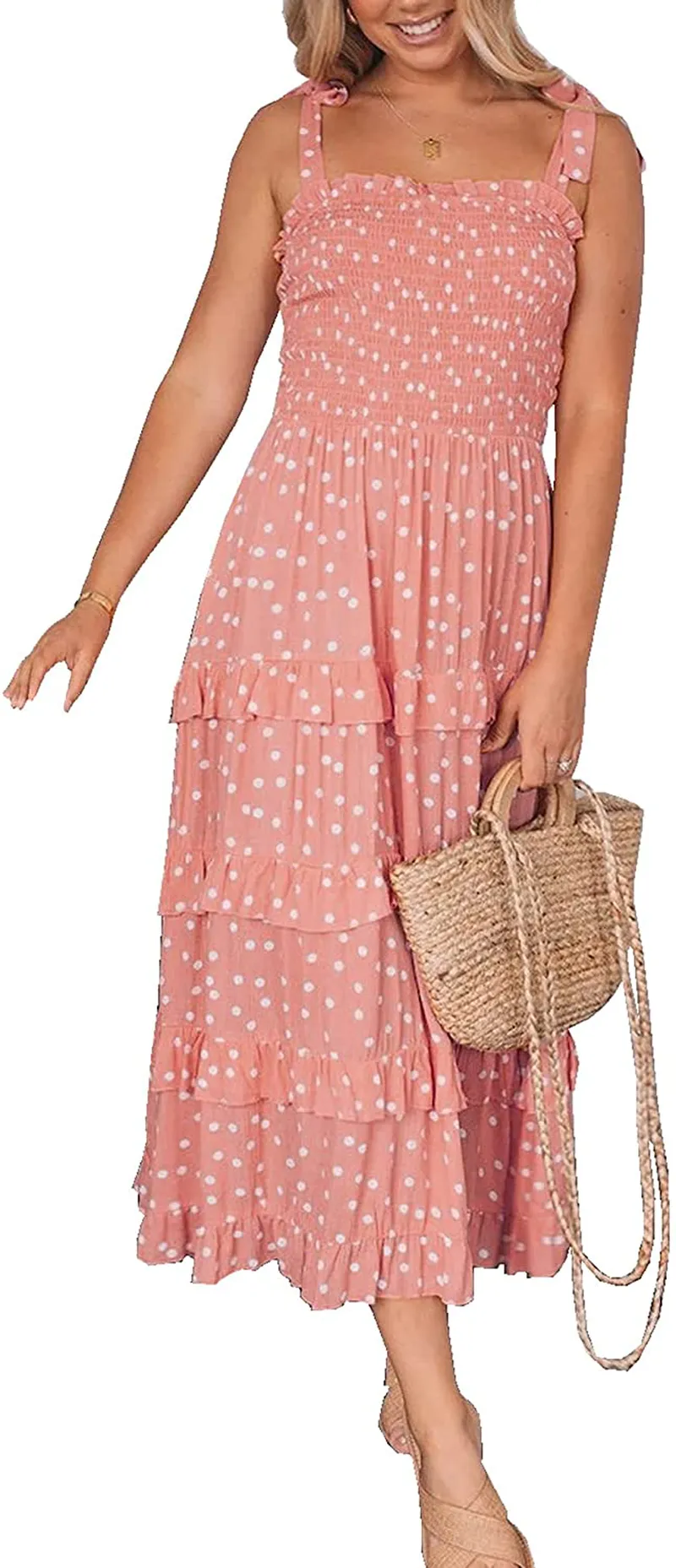 R.Vivimos Women's Summer Straps Cotton Irregular Polka Dot Ruffles Midi Dress