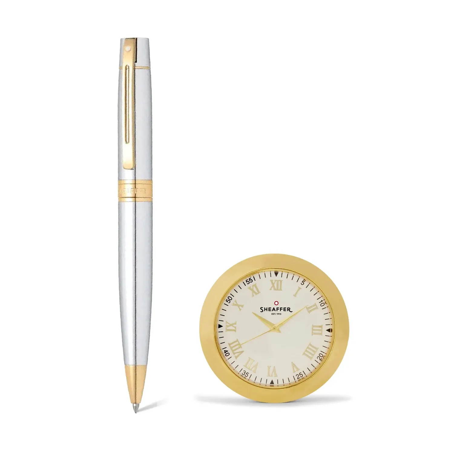 Sheaffer Gift Set ft. Bright Chrome 300 Ballpoint Pen with Gold Trims and Table Clock