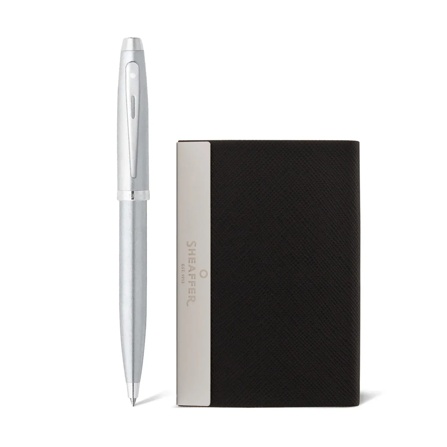 Sheaffer Gift Set ft. Brushed Chrome 100 Ballpoint Pen with Chrome Trims and Business Card Holder