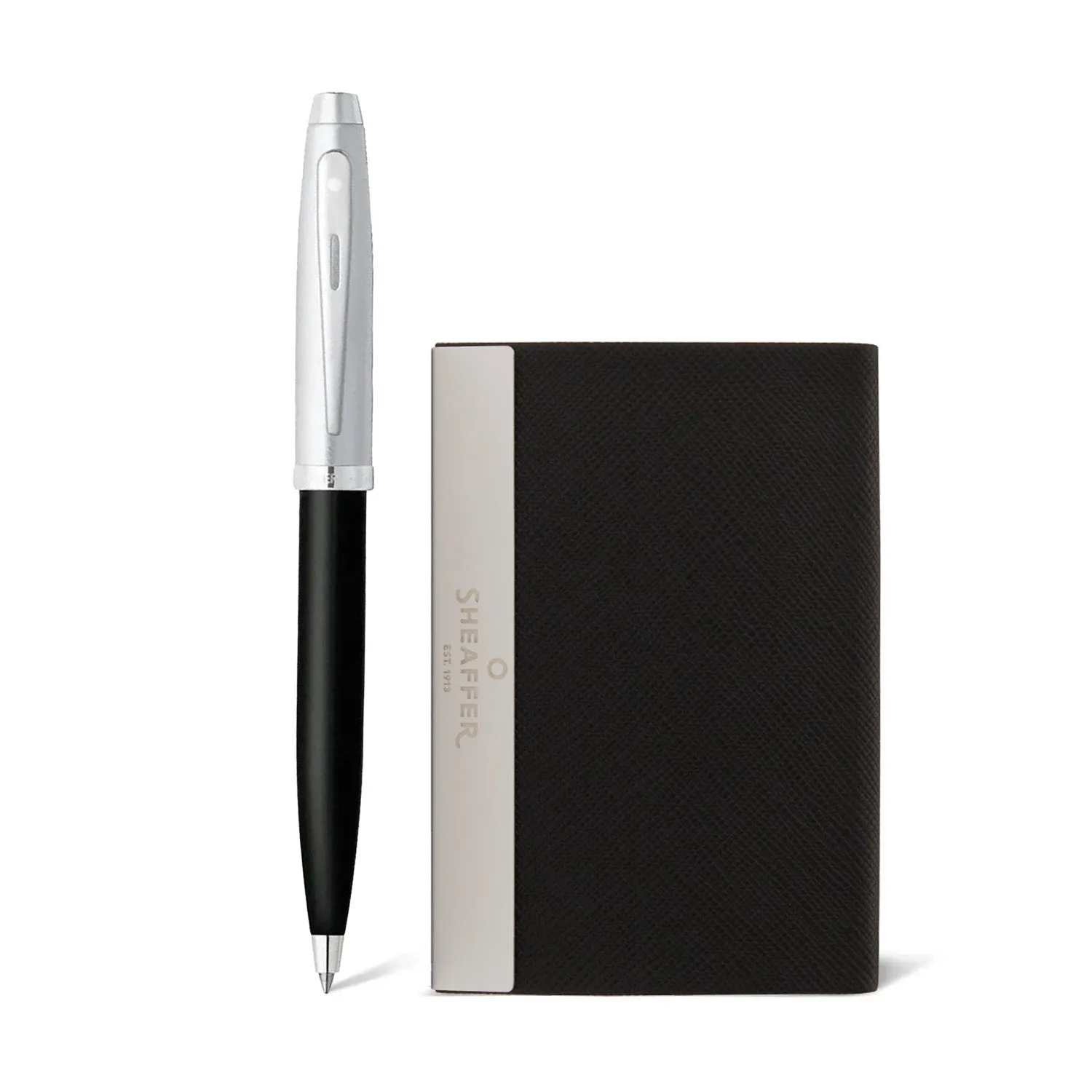 Sheaffer Gift Set ft. Glossy Black 100 Ballpoint Pen with Chrome Trims and Business Card Holder