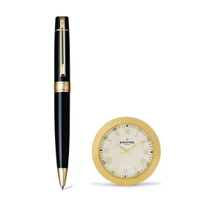 Sheaffer Gift Set ft. Glossy Black 300 Ballpoint Pen with Gold Trims and Table Clock