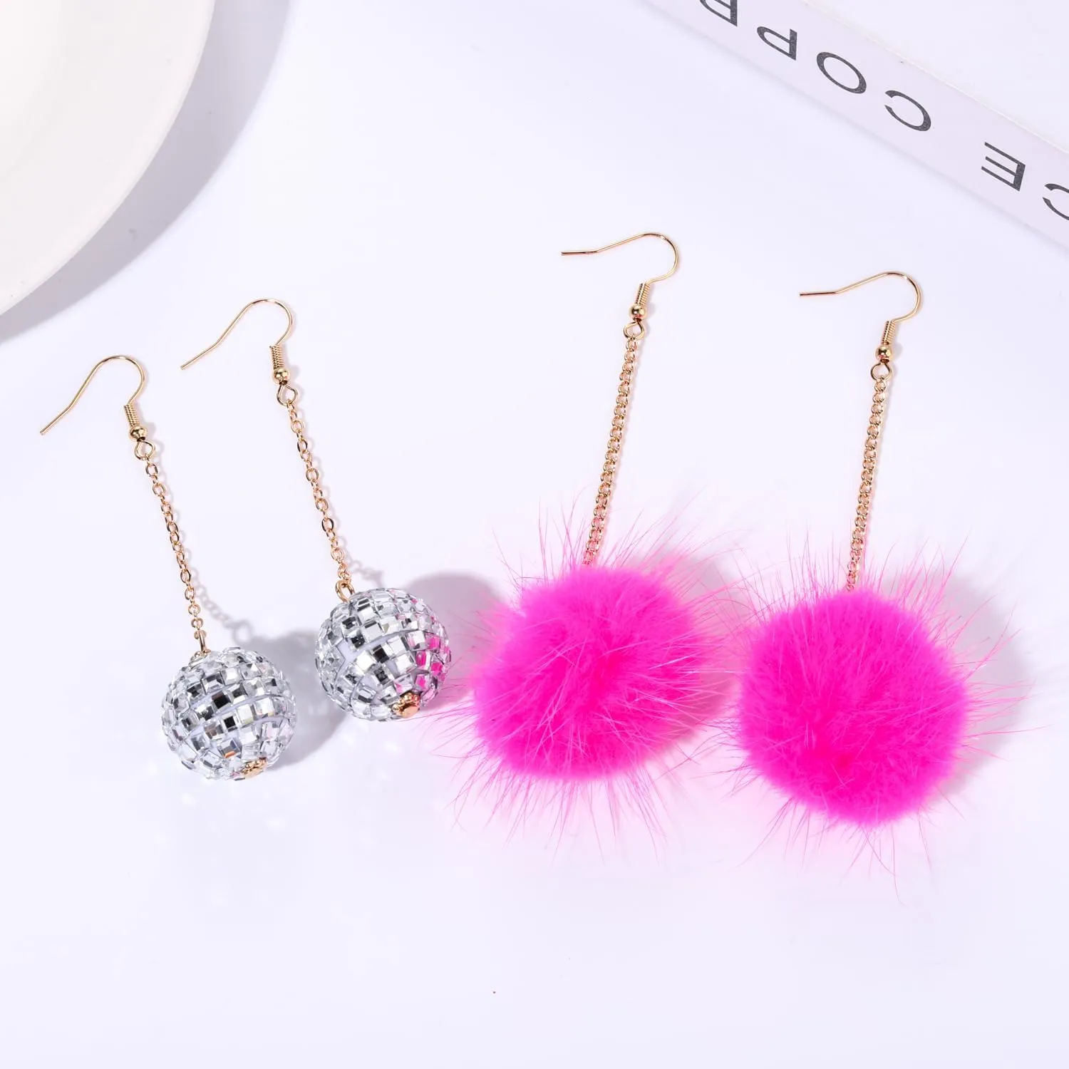 Silver Disco Ball and Pink Pom Pom Earring Set