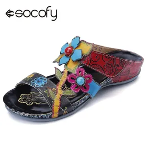 SOCOFY  Hand Painted Genuine Leather Bohemian Style  Sandals