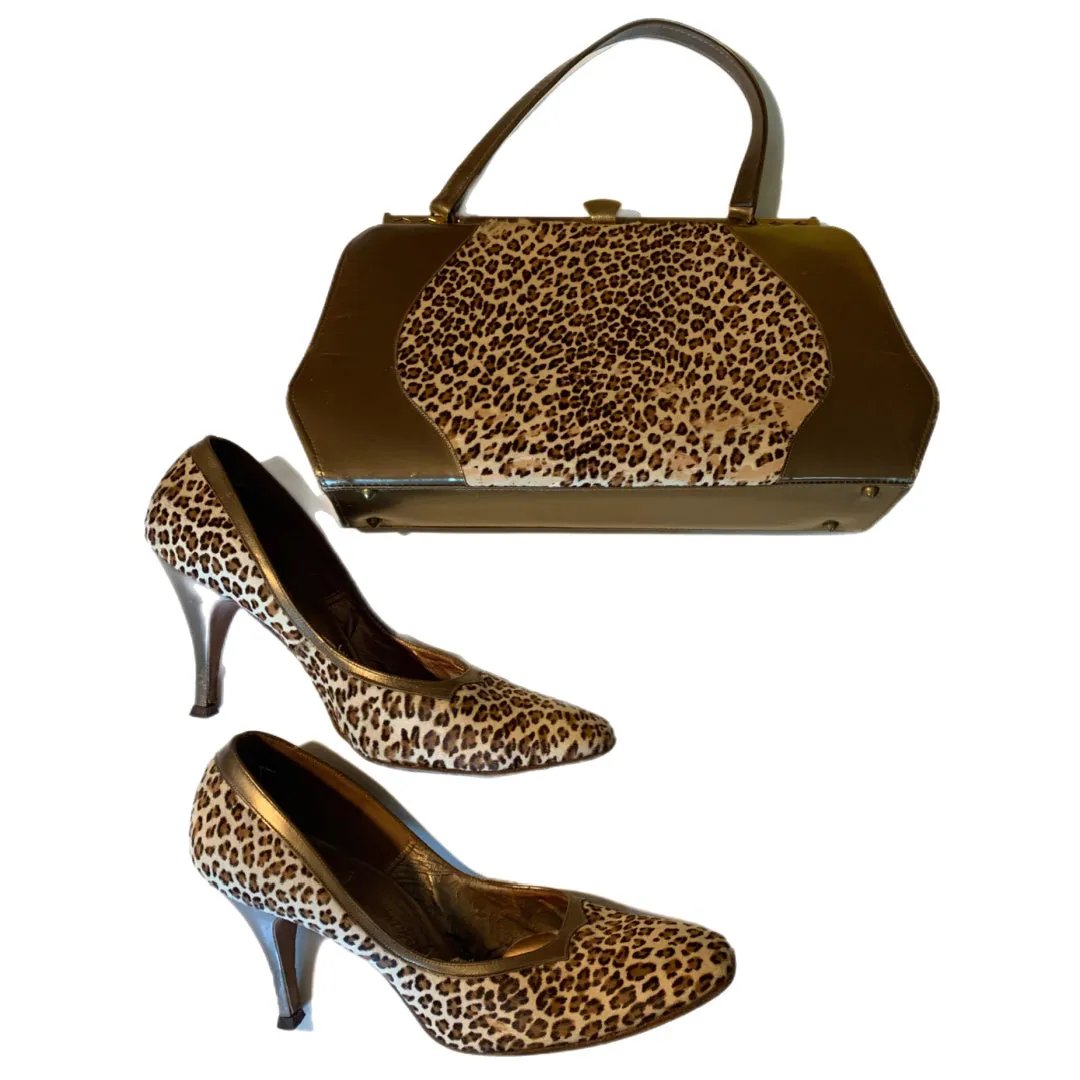 Stenciled Leopard Print Fur Glamour Girl High Heels and Handbag Set circa 1960s