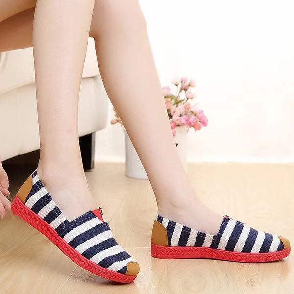 Stripe Canvas Flat Slip On Loafers