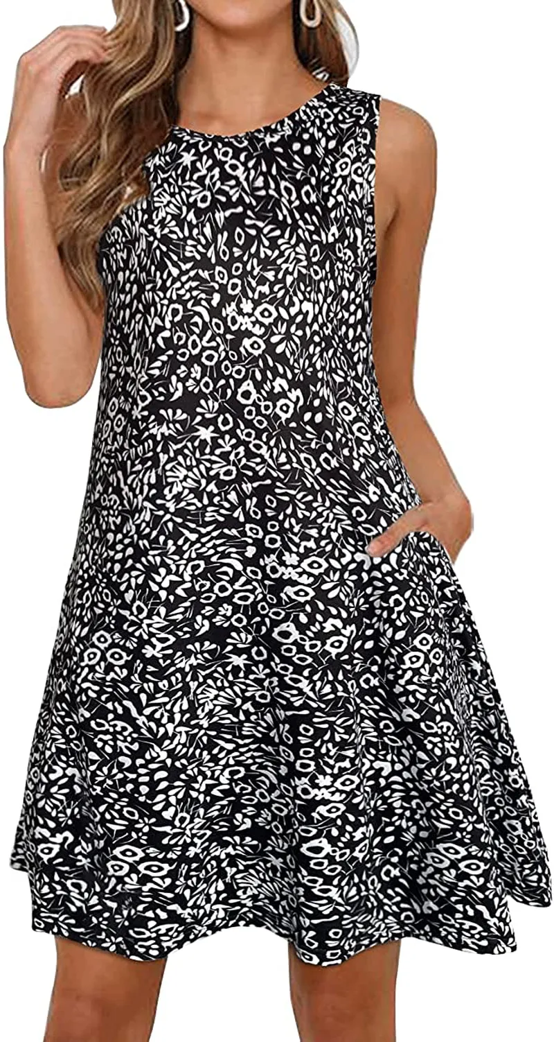 Summer Dresses for Women Beach Floral Tshirt Sundress Sleeveless Pockets Casual Loose Tank Dress