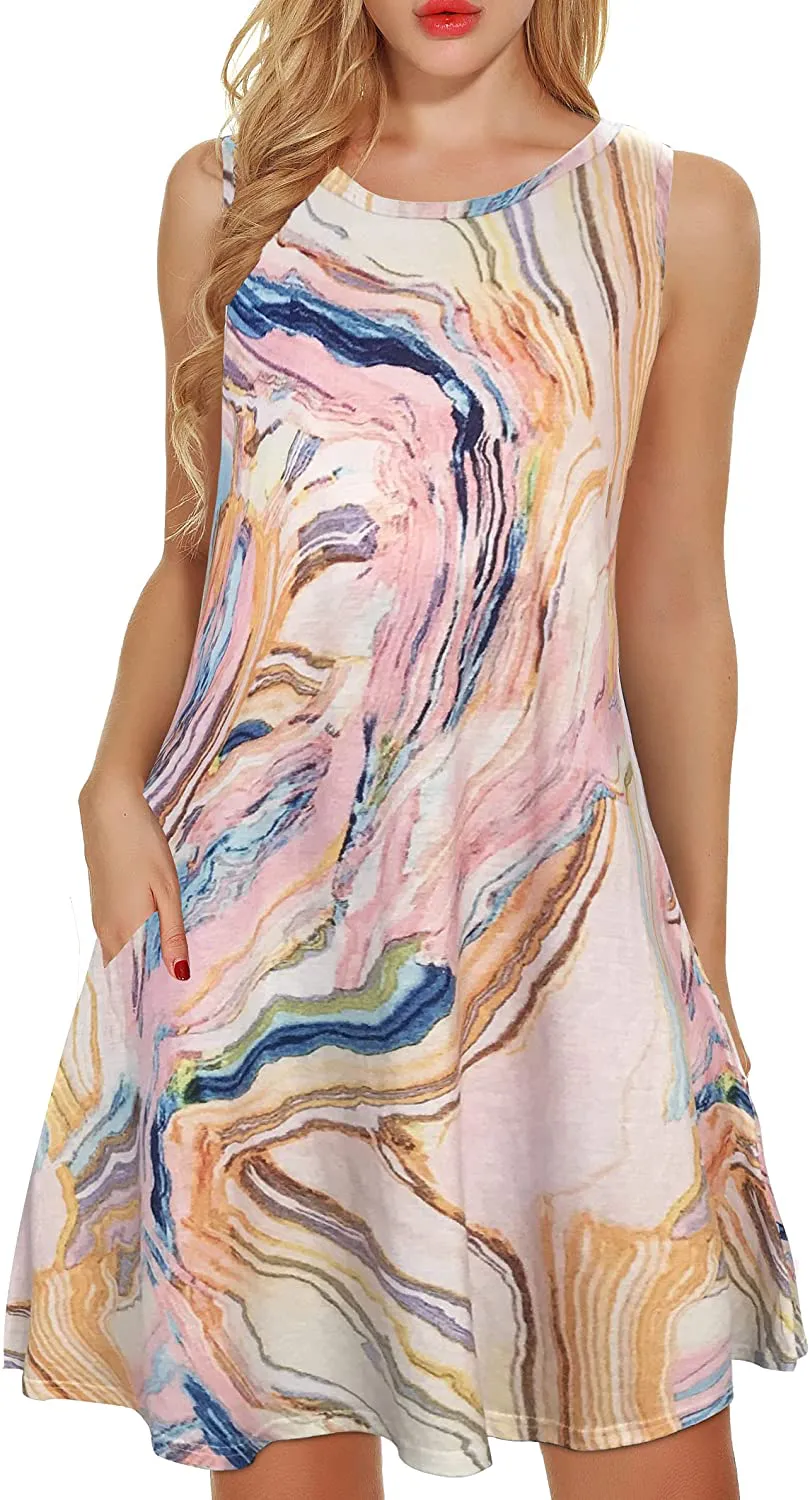 Summer Dresses for Women Beach Floral Tshirt Sundress Sleeveless Pockets Casual Loose Tank Dress