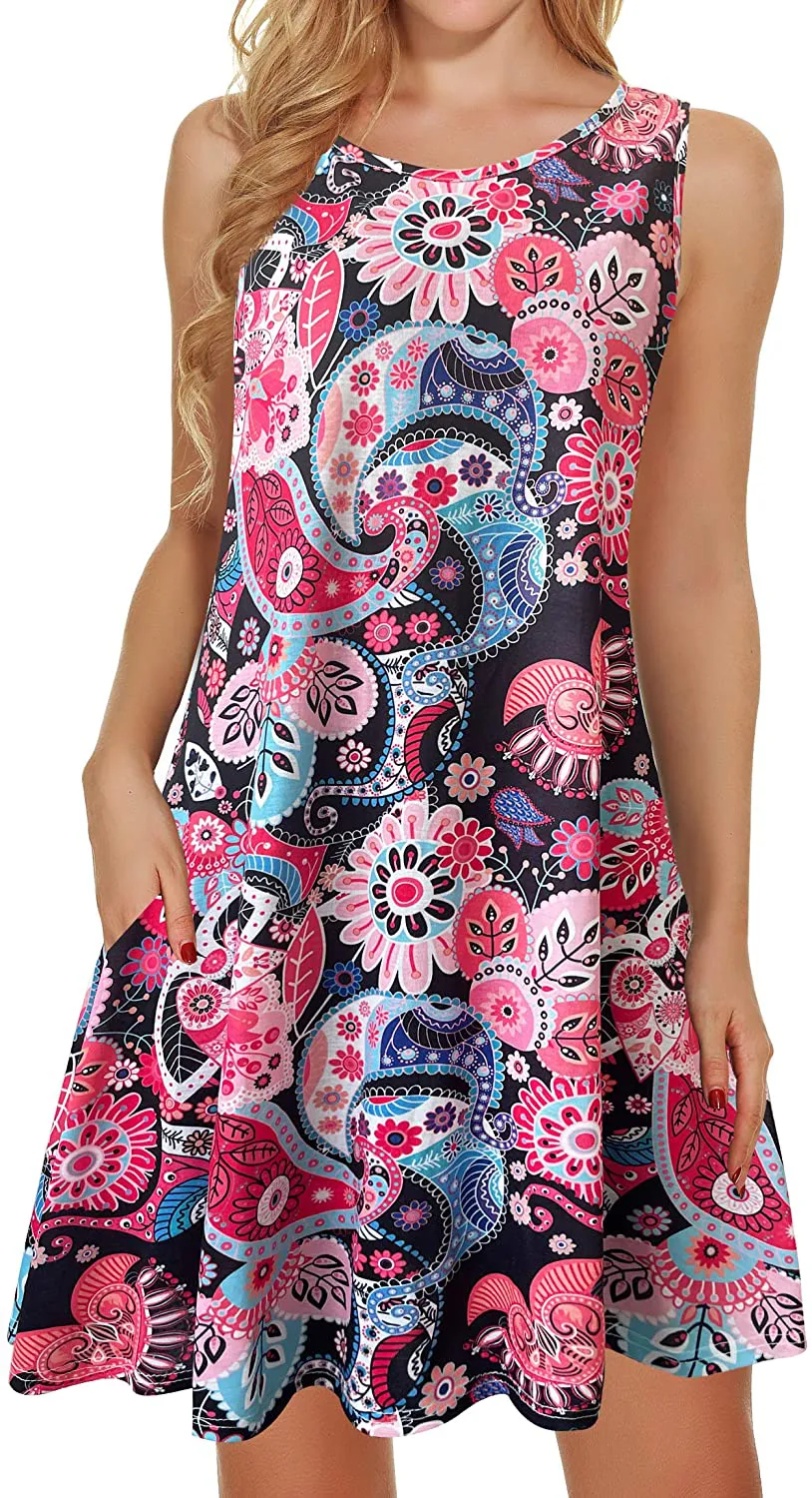 Summer Dresses for Women Beach Floral Tshirt Sundress Sleeveless Pockets Casual Loose Tank Dress