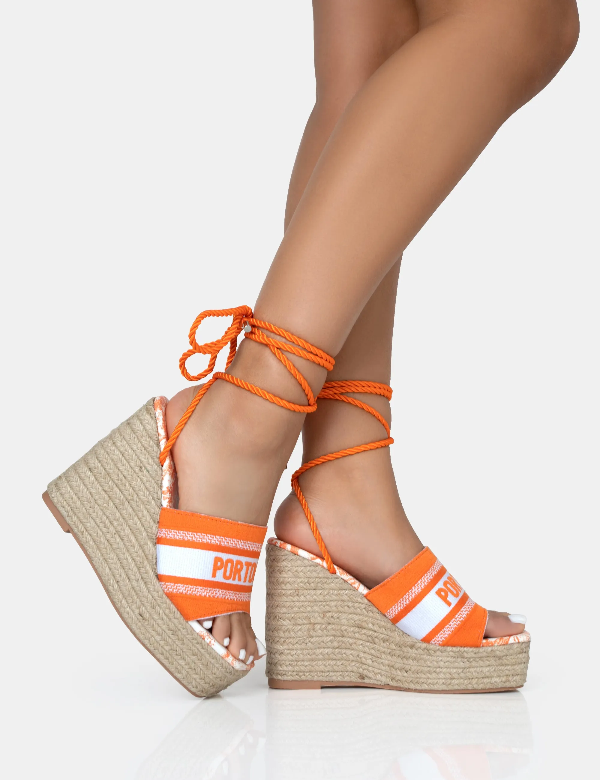 Take Off Orange Embroidered Portofino Lace Up Raffia Wedge Heels