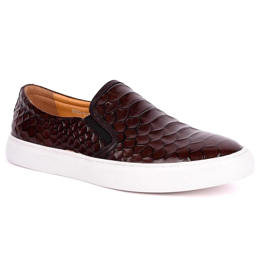 Terry Taylors Crocodile Skin Leather With White Sole Men's Sneaker Shoe- Coffee