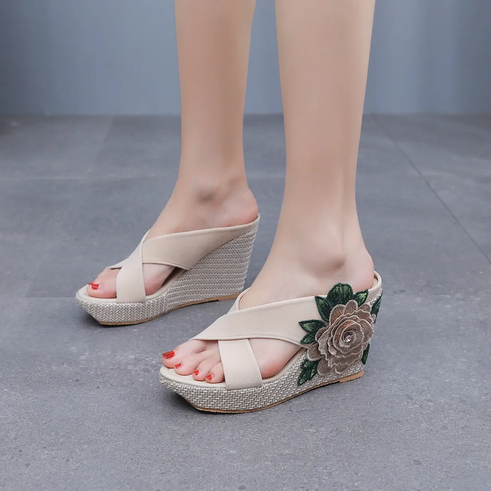 Wedge Heel Platform Embroidery Bohemian Beach Fish Mouth Sandals Women Shoes