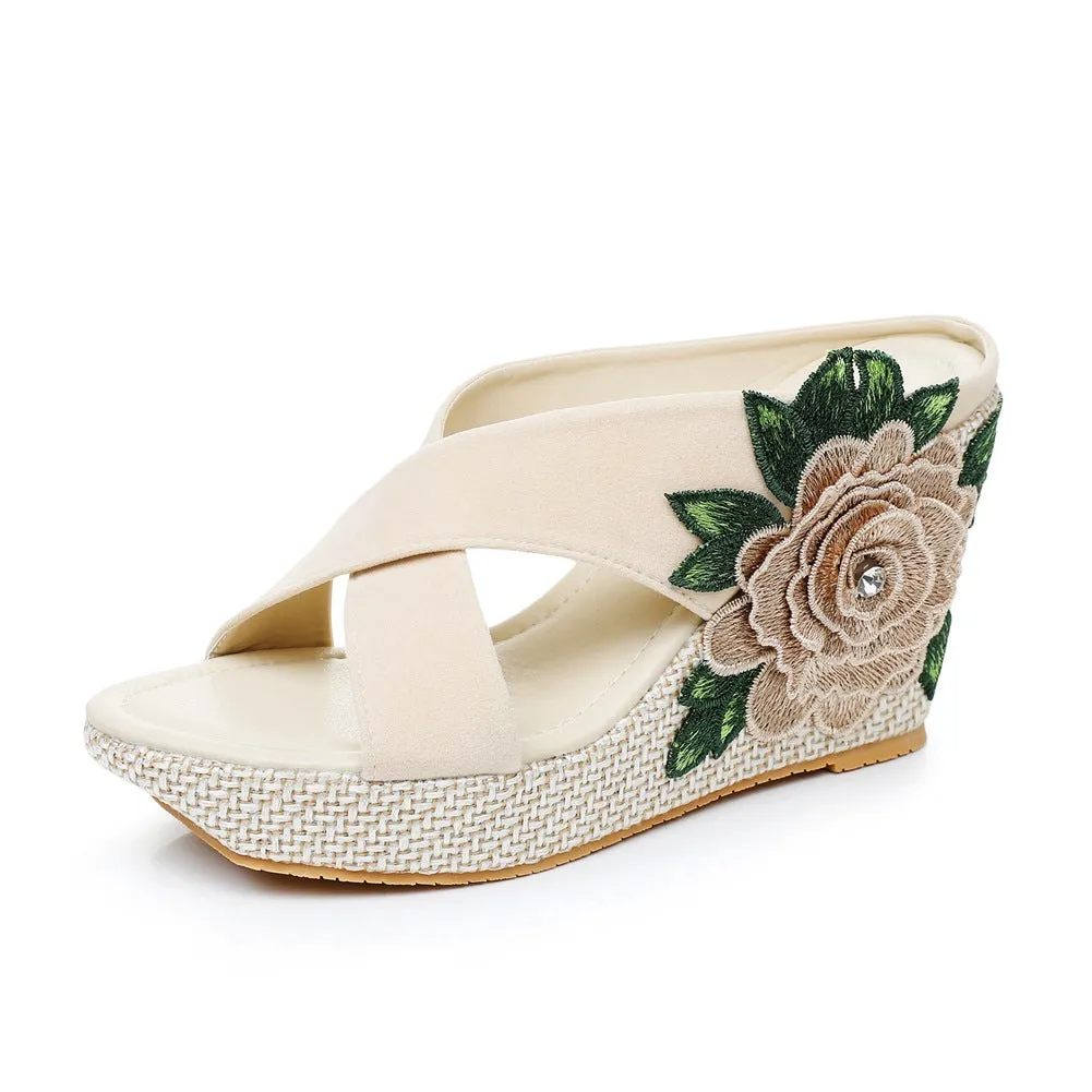 Wedge Heel Platform Embroidery Bohemian Beach Fish Mouth Sandals Women Shoes