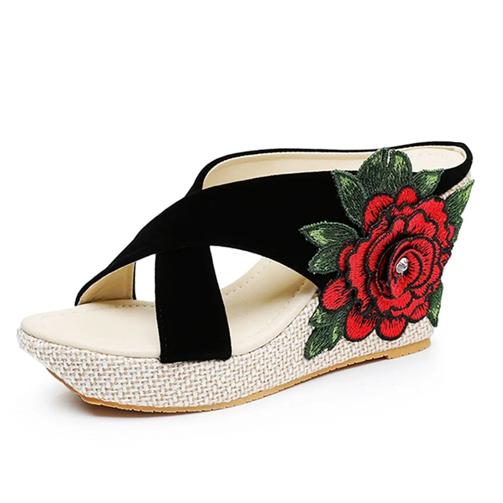 Wedge Heel Platform Embroidery Bohemian Beach Fish Mouth Sandals Women Shoes